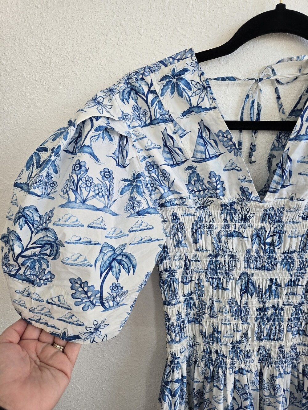 Jessie Zhao Leandra Blue Smocked V Neck Puff-Sleeve Midi Dress sz 2 - Picture 6 of 11